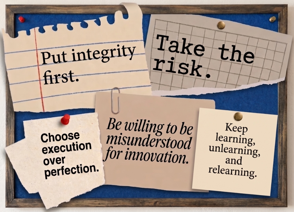 Core Beliefs of Yash Dugar - Put integrity first. Take the risk. Choose execution over perfection. Be willing to be misunderstood for innovation. Keep learning, unlearning, and relearning.